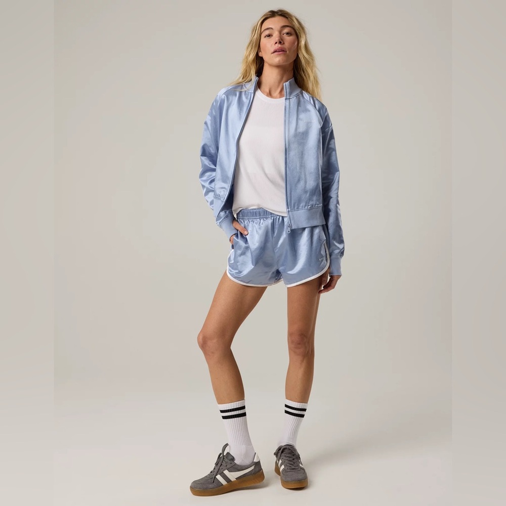 OFFLINE By Aerie You're A Winner Satin Jacket Shiny Silver Bomber Jacket